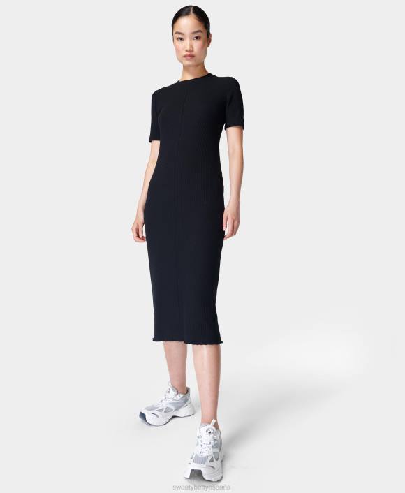 ropa negro T28T923 vestido midi de canalé mujer Sweaty Betty